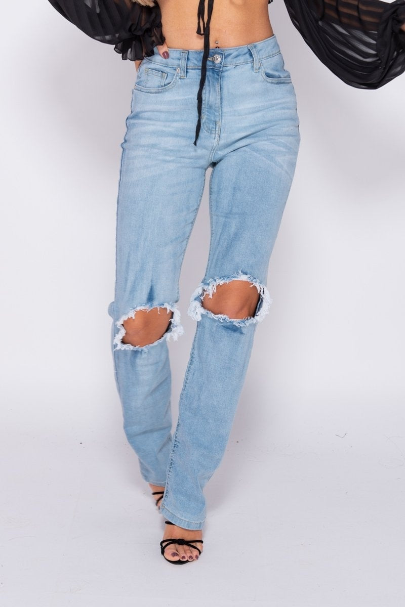 Light blue knee rip destressed staight leg jeans