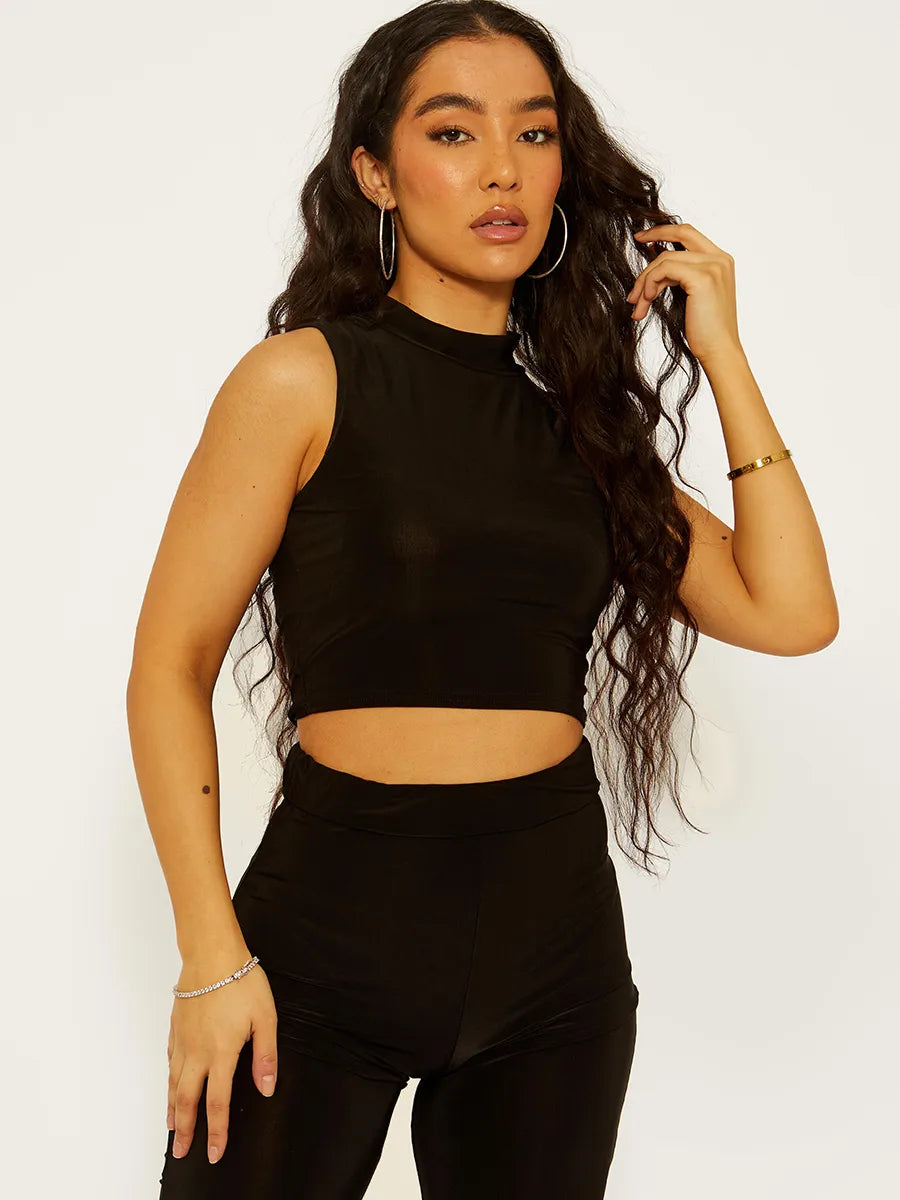 Slinky High Neck Crop Top & Flared Trouser