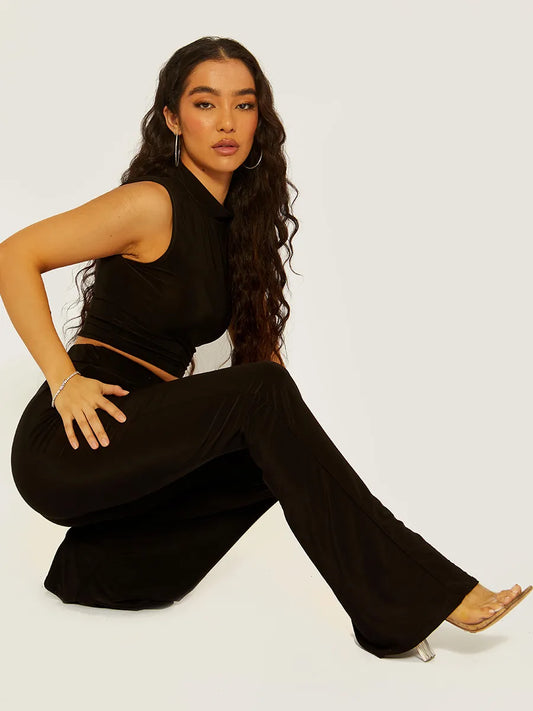 Slinky High Neck Crop Top & Flared Trouser