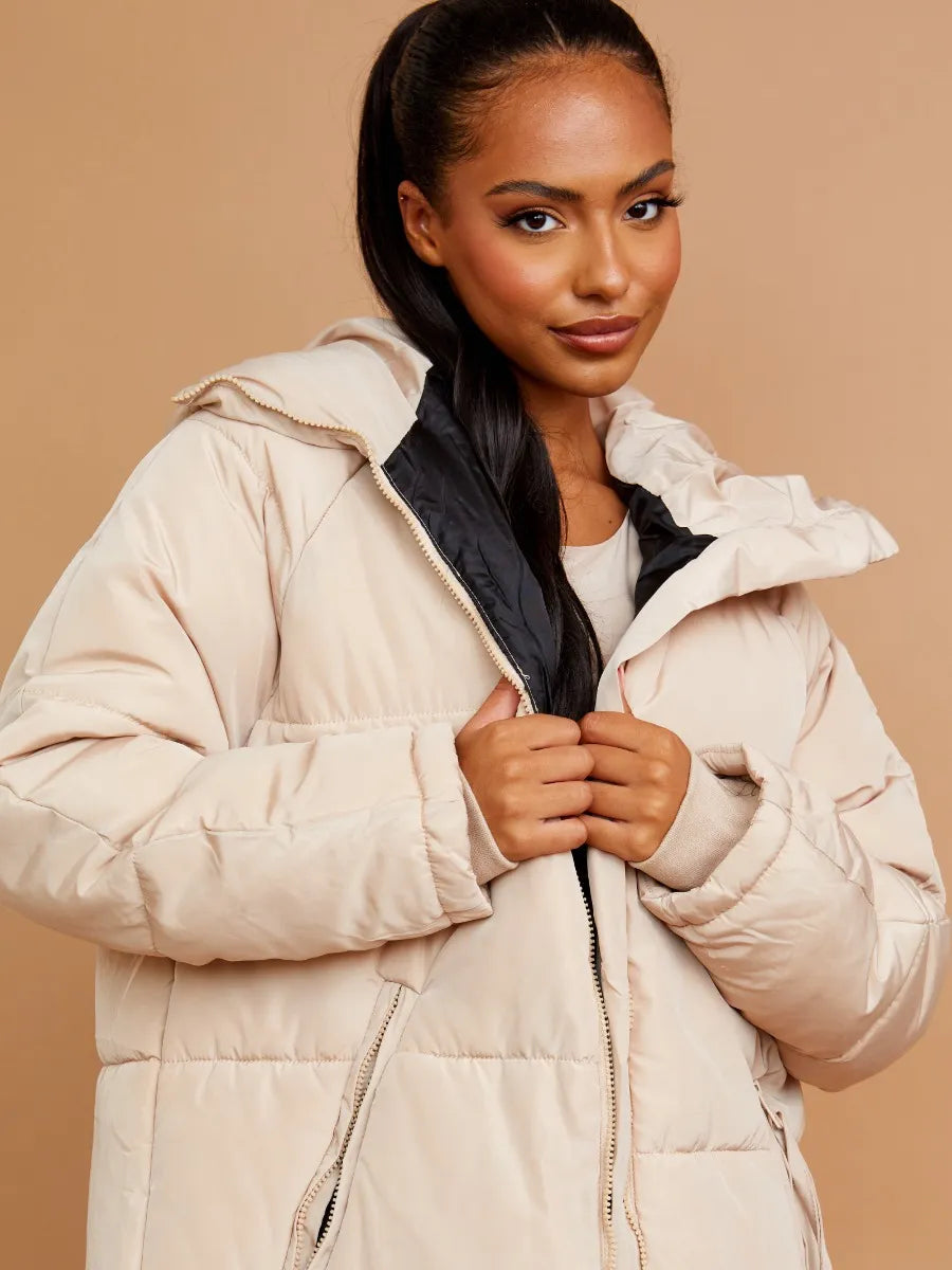 Longline Quilted Hooded Coat with Button Detail