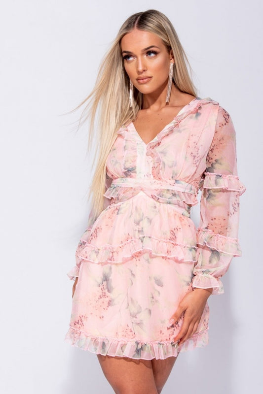 Floral Tie Back Ruffle Trim Mini Dress