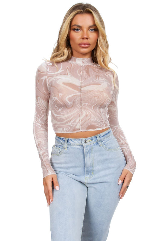 Mock neck long sleeve mesh top