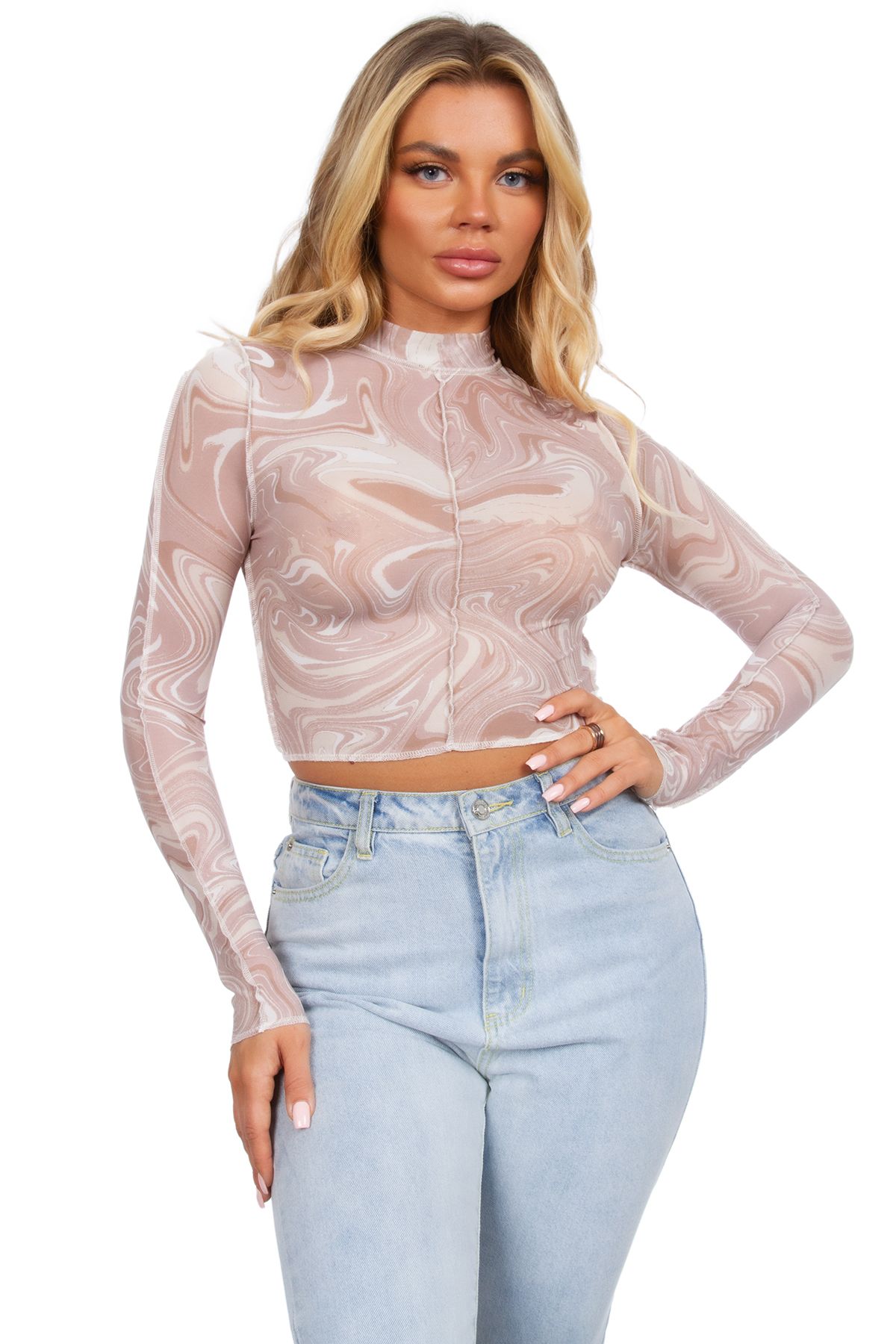 Mock neck long sleeve mesh top